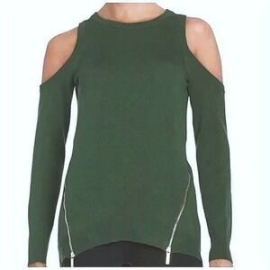 MICHAEL Michael Kors Cold Shoulder Sweater Green Gold Zip XL